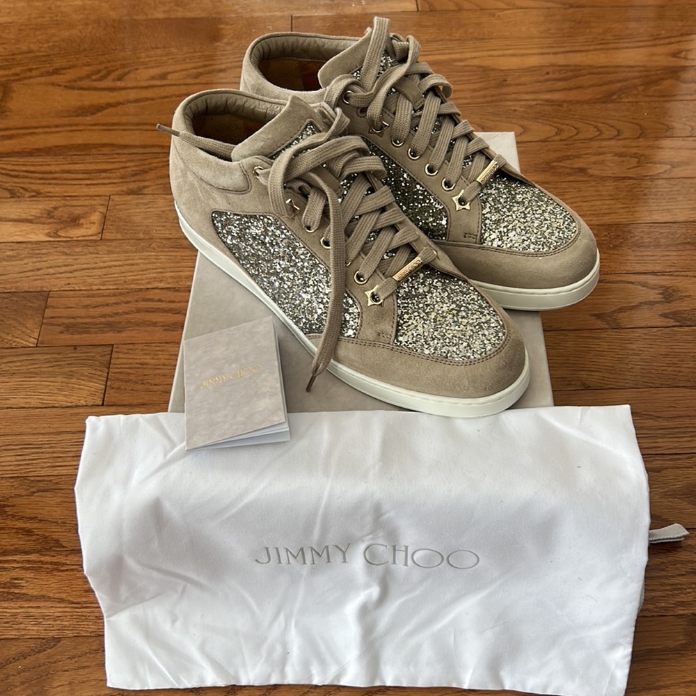 Jimmy Choo Beige Suede Glitter Panel Low-Top Sneakers